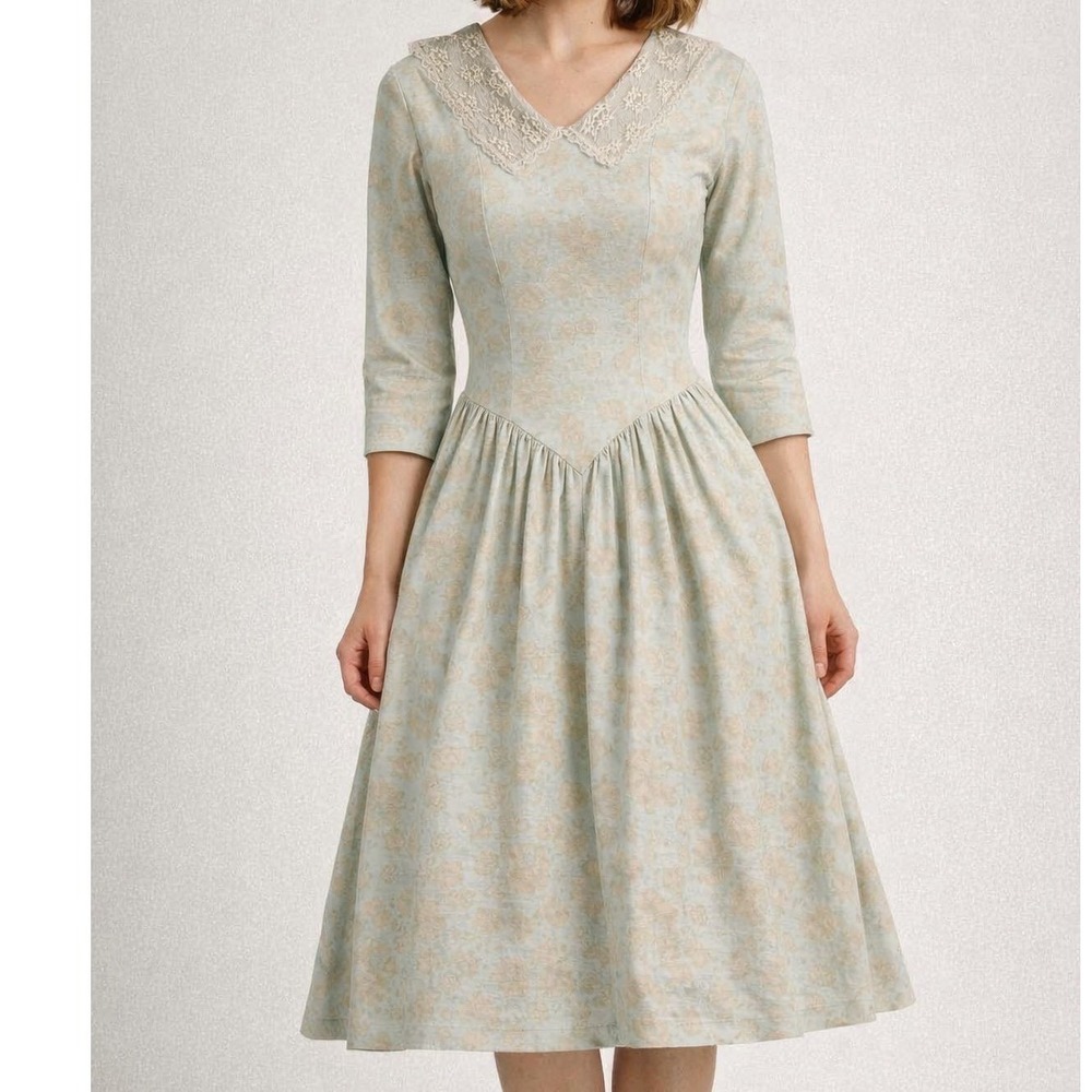 Vintage Floral Lace Collar Dress Vintage Cottage Core Drop Waist‎ Shoulder Pads